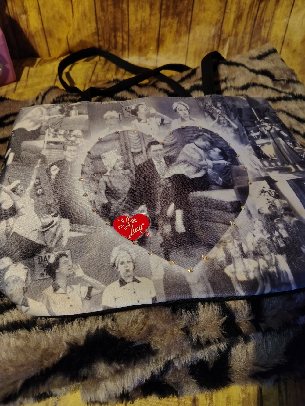 I Love Lucy Black & White Photo Collage Heart Tote Bag